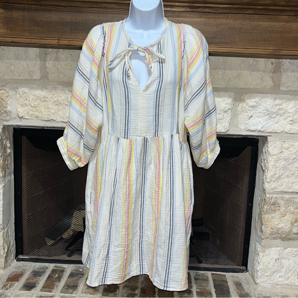 SUNDRY Striped Cotton Gauze Blouson Sleeve Babydoll Mini Dress Cream Multi